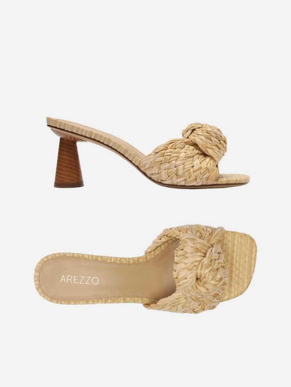AREZZO Beige Raffia Open Square Toe Flare Wooden Heel Slide Mule ** Size 7.5